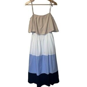 NWT VICI x Destiny Tan Blue White Colorblock Boho Ruffled Tiered Maxi Dress S
